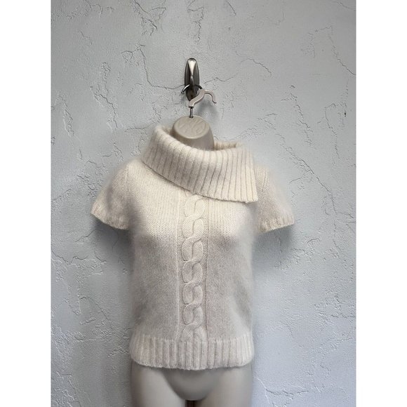 Courreges 21 Thick Angora Sweater Cable Detail Split Cowl Logo Button 38 US XS